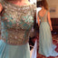 Scoop Neckline Rhinestone Beaded V-back Long A-line Blue Chiffon Prom Dresses, TYP0037