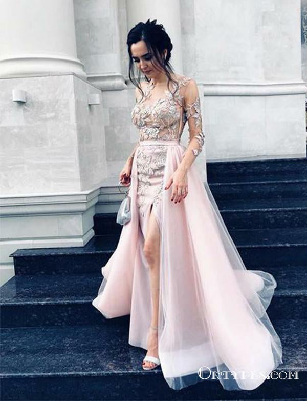 Pink Long  Long Sleeve Evening  Gown Prom Dresses With Appliques, TYP1762