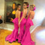 On Sale Beautiful Sexy Backless Mermaid Young Girls Rose Red Long Bridesmaid Dresses with Small Train, TYP0146