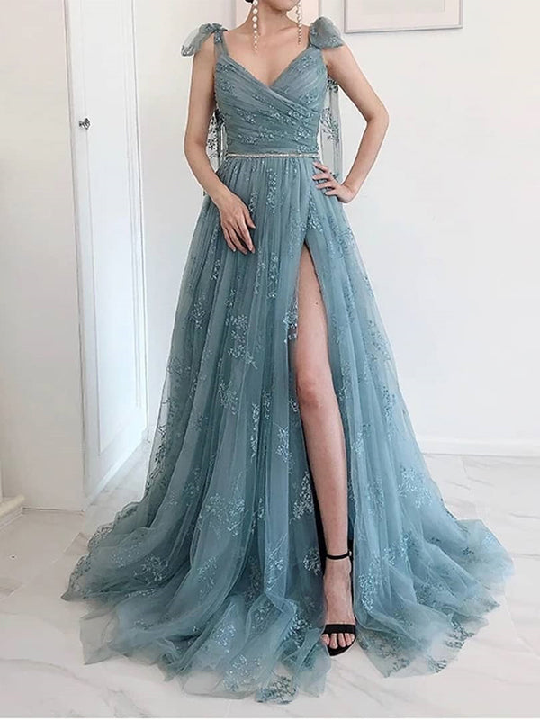 Charming Blue Gray Split Applique Tulle Cheap Long Prom Dresses, PDS0156