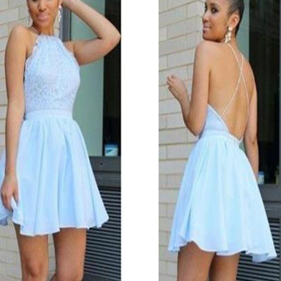 Popular baby blue open back halter sexy unique style freshman homecoming prom dresses, TYP0161