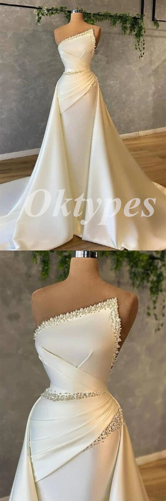 Elegant White Satin Strapless Sleeveless Side Mermaid Long Prom Dresses,PDS0814