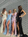 Sexy Charming Mismatched Sequin Spaghetti Straps V-Neck Sleeveless Side Slit Mermaid Long Prom Dresses With Feather,PDS0655