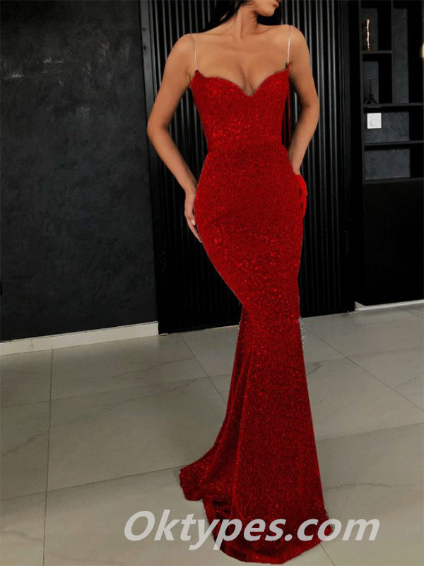 Sexy Charming Sequin Spaghetti Straps V-Neck Mermaid Long Prom Dresses ,PDS0381