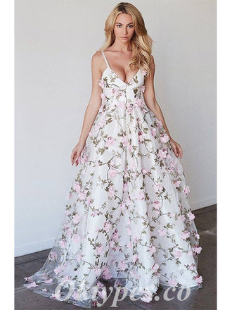 Lovely Tulle Spaghetti Straps V-Neck Sleeveless A-Line Long Prom Dresses With Applique,PDS0585