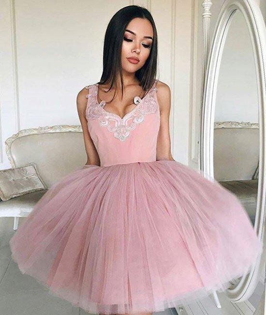 Cheap V Neck Tulle Cute Pink Homecoming Dresses 2018, CM439