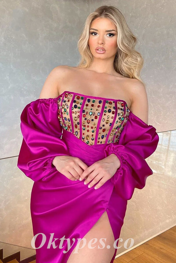 Sexy Off Shoulder Long sleeve Side Slit Meremaid Long Prom Dresses With Rhinestone, PDS0824