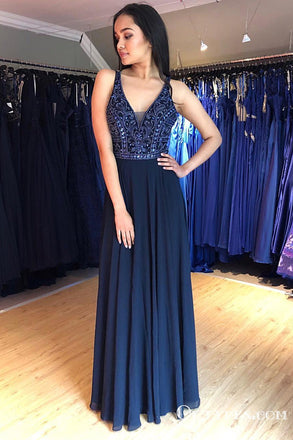 Charming V-neck Navy Blue Chiffon Long Cheap Prom Dresses With Beaded, TYP1894