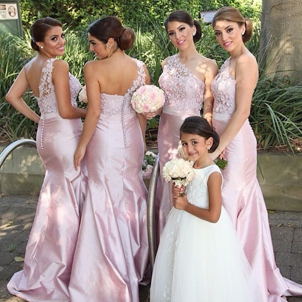 One Shoulder Mermaid Sexy Elegant Pink Long Affordable Bridesmaid Dresses with Handmade Flowers, TYP0152
