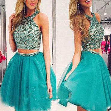 New Arrival turquoise two pieces beaded off shoulder casual homecoming prom dress, TYP0134