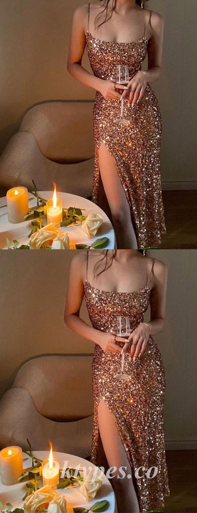 Sexy Charming Sequin Spaghetti Straps Sleeveless Side Slit Sheath Ankle Length Prom Dresses,PDS0646