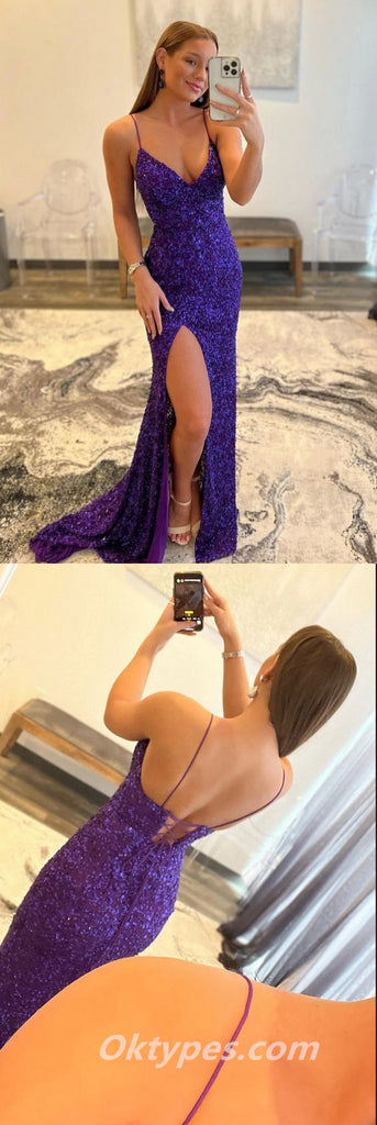 Purple Sequins Spaghetti Straps Prom Dress with Slit,Graduation Evening Dresses,PDS0398