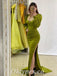 Elegant Satin Long Sleeve Side Slit Mermaid Long Prom Dresses With Pleats ,PDS0494