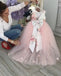Beautiful Floral Printed V-Back Pink Tulle High Low Flower Girl Dresses With Flower Appliques, TYP1092