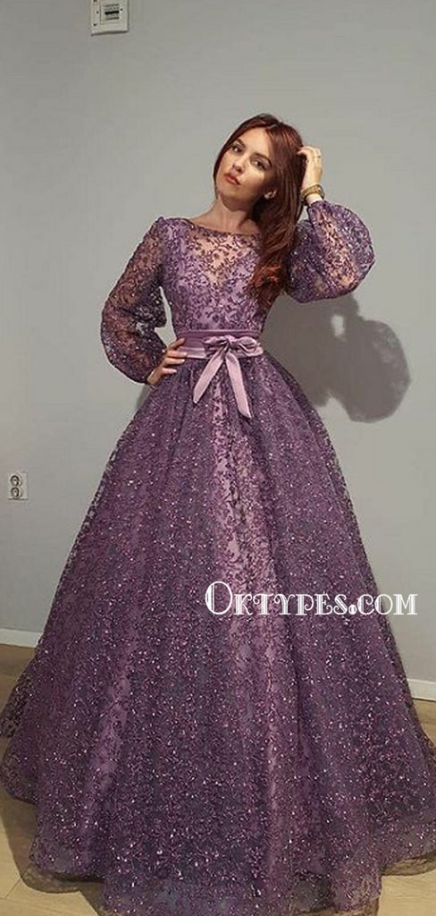 Elegant A-line Lace Long Sleeve Ball Gown Long Prom Dresses, PDS0170