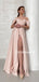 Simple Off-shoulder A-line Side Slit Satin Long Prom Dresses, PDS0280