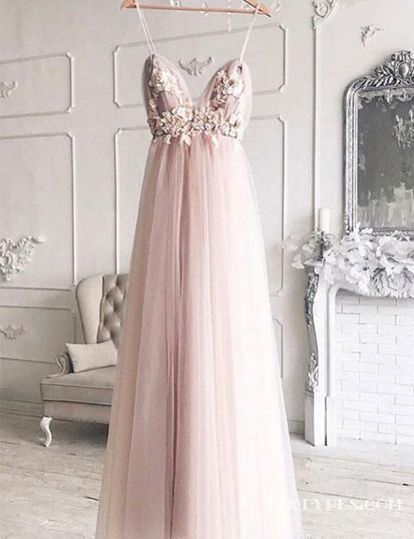 Pink Tulle Spaghetti Straps Appliques Evening  Long Prom Dresses, TYP1743
