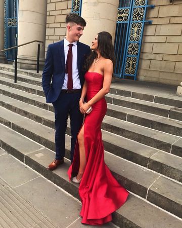Simple Red Long Cheap Mermaid Strapless Prom Dresses Online, TYP1842