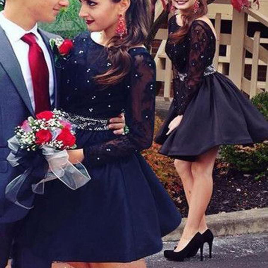 Long sleeve black beaded open back simple sexy charming homecoming prom gown dresses, TYP0091