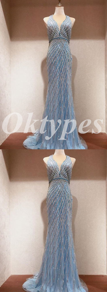 Elegant Special Fabric Spaghetti Straps V-Neck Sleeveless Mermaid Long Prom Dresses, PDS0861