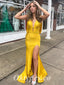 Sexy Soft Satin Spaghetti V-Neck Sleeveless Open Back Side Slit Mermaid Long Prom Dresses, PDS0893