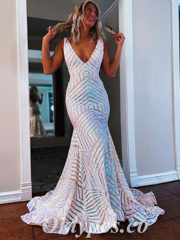 Sexy Shiny Sequin Spaghetti Straps V-Neck Sleeveless Mermaid Long Prom Dresses,PDS0583