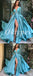 Elegant Satin V-Neck 3/4 Sleeves Side Slit A-Line Long Prom Dresses,PDS0813
