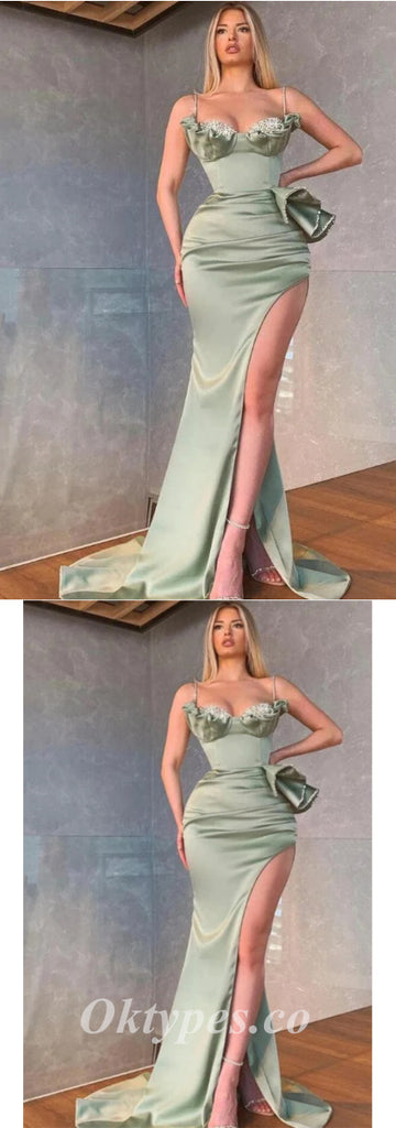 Sexy Spaghetti Straps V-Neck Sleeveless Side Slit Mermaid Long Prom Dresses,PDS0520