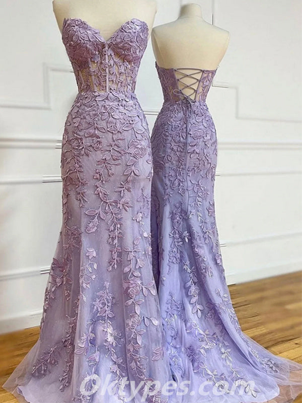 Purple Lace Sweetheart Strapless Lace Up Mermaid Long Prom Dresses, Formal Dresses,PDS0407