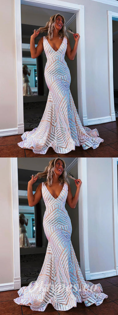 Sexy Shiny Sequin Spaghetti Straps V-Neck Sleeveless Mermaid Long Prom Dresses,PDS0583