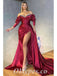 Sexy Burgandy Satin V-Neck Off Shoulder Long Sleeve Side Slit Mermaid Long Prom Dresses,PDS0601