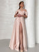 Simple Off-shoulder A-line Side Slit Satin Long Prom Dresses, PDS0280