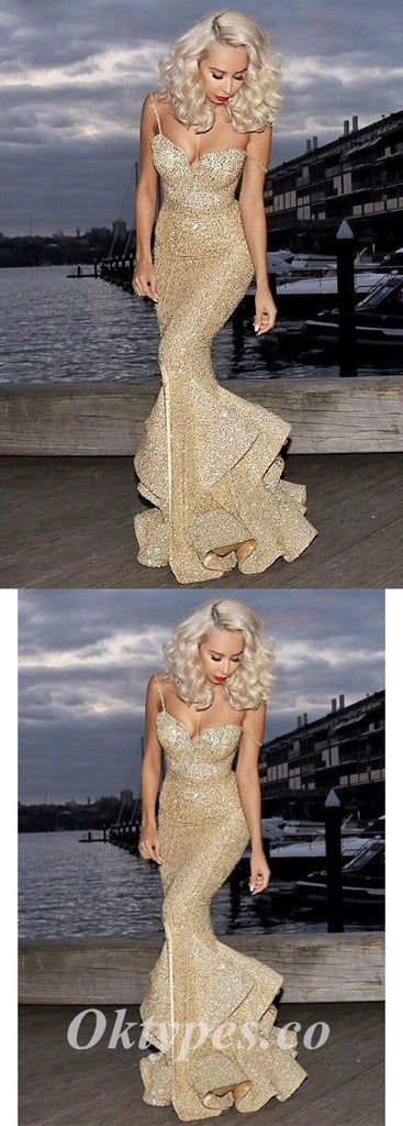 Sexy Gold Sequin Spaghetti Straps V-Neck Sleeveless Mermaid Long Prom Dresses,PDS0508