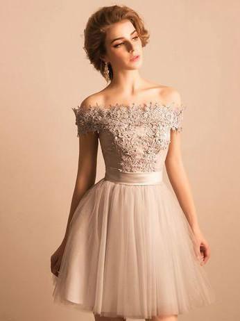 Cheap Lace Beaded Off Shoulder Cute Homecoming Dresses, CM447
