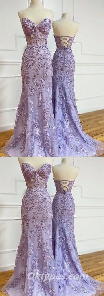 Purple Lace Sweetheart Strapless Lace Up Mermaid Long Prom Dresses, Formal Dresses,PDS0407