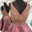 Backless V Neck Heavily Beaded Dusty Pink Homecoming Dresses, TYP0823