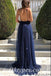 Shiny Tulle Spaghetti Straps V-Neck Sleeveless Backless A-Line Long prom Dresses, PDS0839