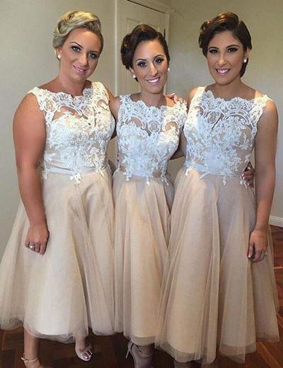 Pretty Iovry Lace Top Tulle Tea Length Affordable Bridesmaid Dresses for Wedding Party, TYP0182