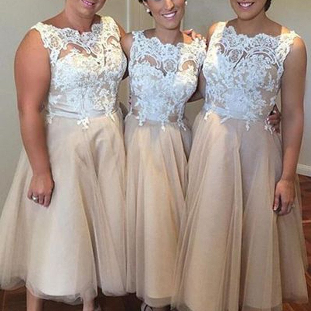 Pretty Iovry Lace Top Tulle Tea Length Affordable Bridesmaid Dresses for Wedding Party, TYP0182