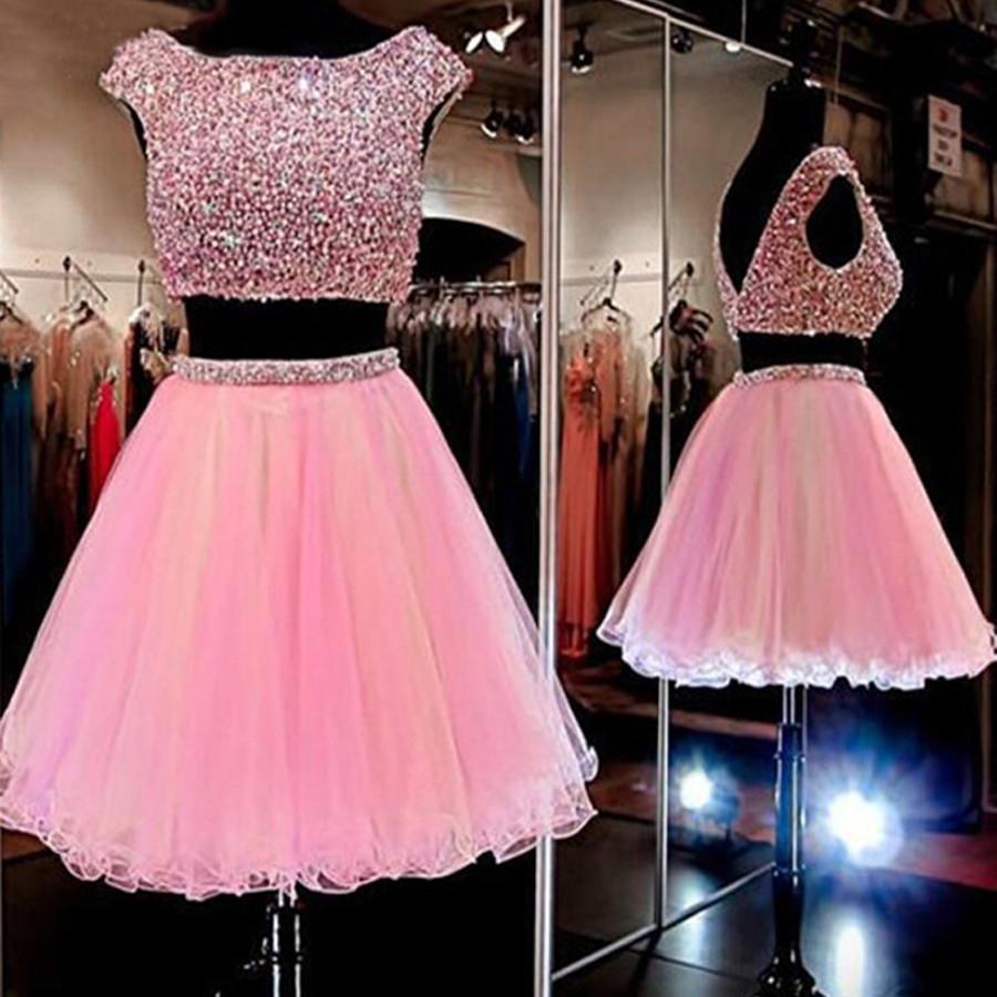 Peach Pink beaded two pieces sparkly lovely graduation for teens homecoming prom dress, TYP0156