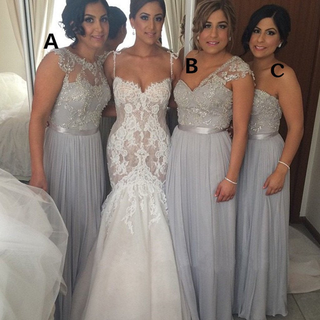 Popular Women Mismatched Lace Top Grey Chiffon Formal Floor Length Cheap Bridesmaid Dresses, TYP0179