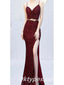Elegant Sequin Spaghetti Straps V-Neck Side Slit Mermaid Long Prom Dresses ,PDS0384