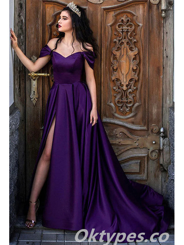Elegant Purple Satin Off Shoulder V-Neck A-Line With Side Slit Long Prom Dresses,PDS0433