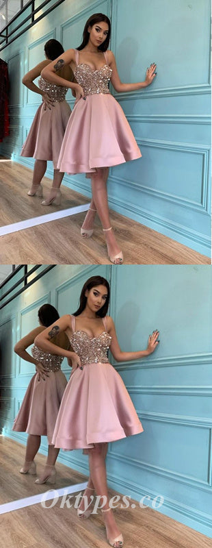 Sexy Sequin Top Satin Bottom Spaghetti Straps V-Neck Sleeveless A-Line Prom Dresses/Homecoming Dresses,PDS0485