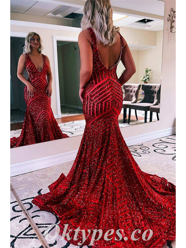 Sexy Shiny Sequin Spaghetti Straps V-Neck Sleeveless Mermaid Long Prom Dresses,PDS0584