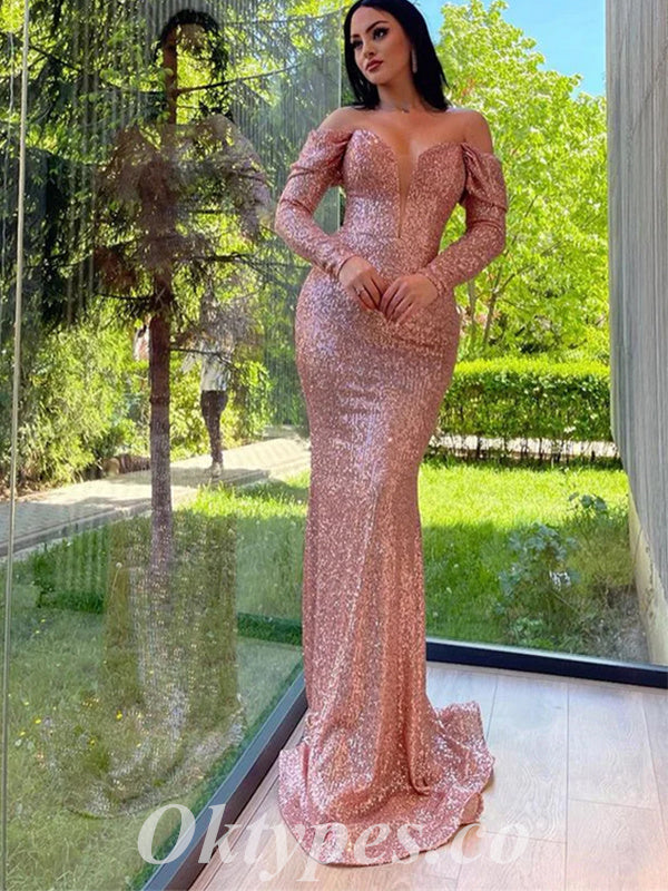 Sexy Shiny Sequin Off Shoulder V-Neck Long Sleeve Mermaid Long Prom Dresses,PDS0531