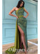 Sexy Green Satin Sequin One Shoulder Mermaid Long Prom Dresses With Side Slit,PDS0556
