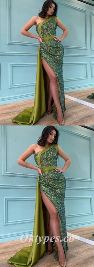 Sexy Green Satin Sequin One Shoulder Mermaid Long Prom Dresses With Side Slit,PDS0556