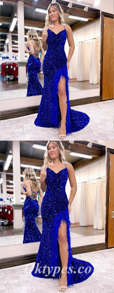 Sexy Charming Royal Blue Sequin Spaghetti Straps V-Neck Sleeveless Side Slit Mermaid Long Prom Dresses With Feather,PDS0652