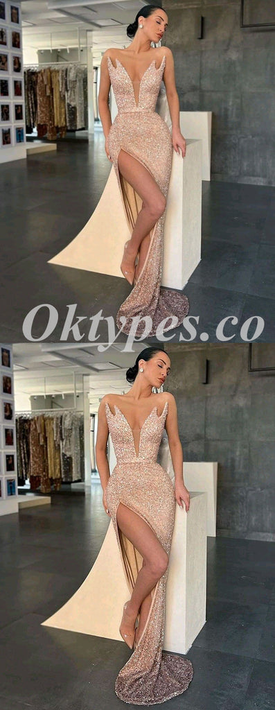 Sexy Sequin Sweetheart V-Neck Sleeveless Side Slit Mermaid Long Prom Dresses,PDS0703